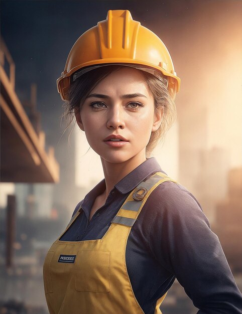 AI gegenereerde afbeelding Ernstige en mooie vrouw werknemer bouw achtergrondfoto voor Dag van de Arbeid