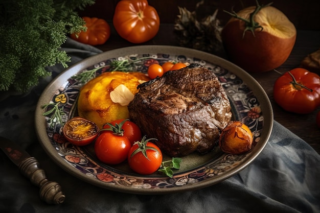 AI gegenereerde afbeelding Exquise vleesschotel met geroosterde tomaat Rustieke decoratie