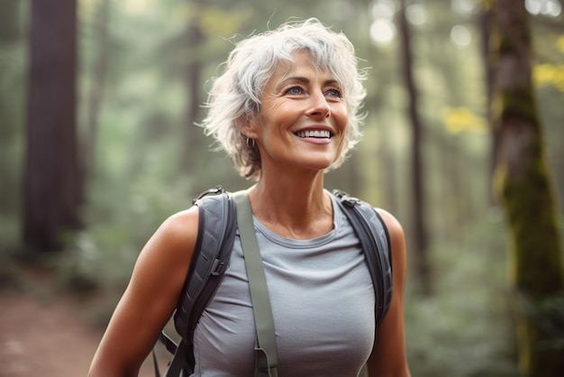 AI gegenereerde afbeelding van aantrekkelijke volwassen senior vrouw op wandelen Foto van hoge kwaliteit