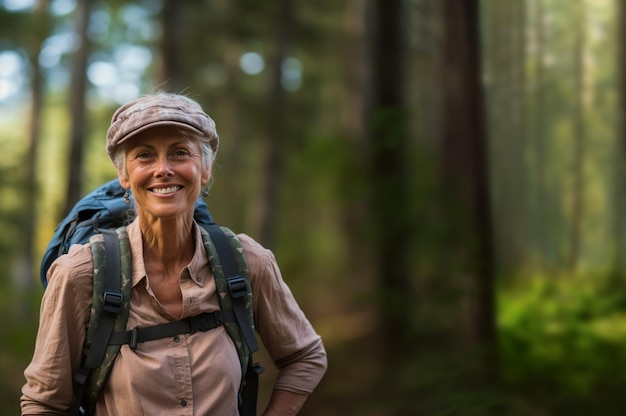 AI gegenereerde afbeelding van aantrekkelijke volwassen senior vrouw op wandelen Foto van hoge kwaliteit