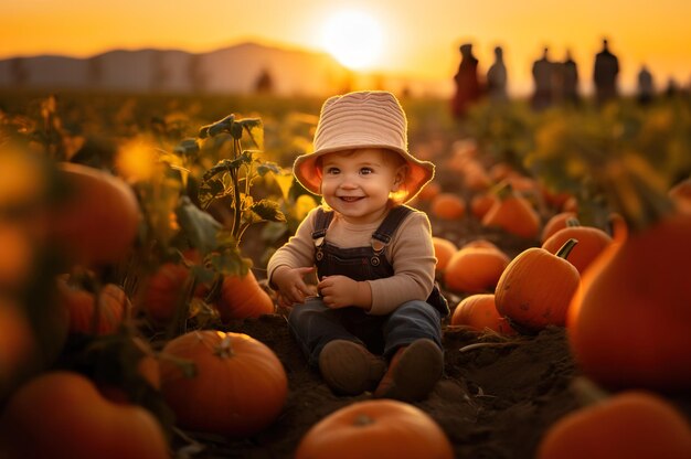 AI gegenereerde afbeelding van baby op pompoenveld Foto van hoge kwaliteit