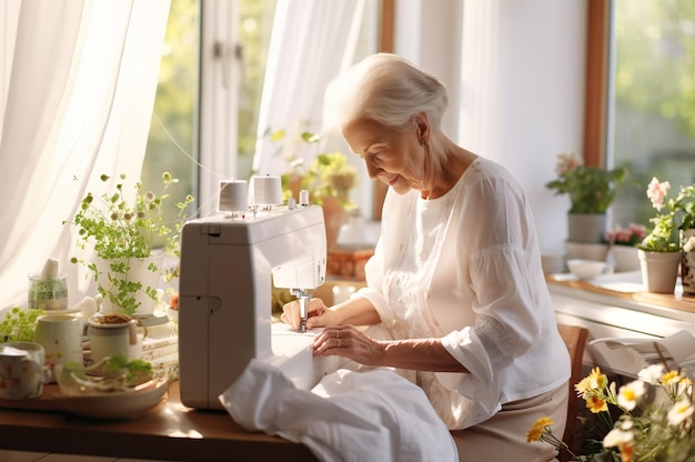 Ai gegenereerde afbeelding van een volwassen senior vrouw die patchwork op de naaimachine werkt. Hoge kwaliteit foto