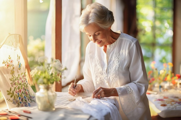 Ai gegenereerde afbeelding van een volwassen senior vrouw die patchwork op de naaimachine werkt. Hoge kwaliteit foto
