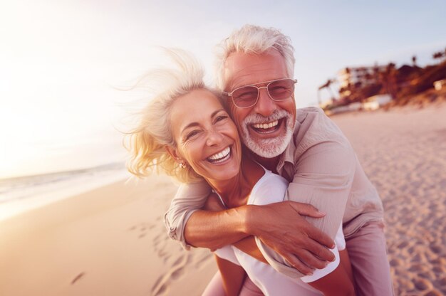 AI gegenereerde afbeelding van gelukkig volwassen senior koppel op het strand Foto van hoge kwaliteit