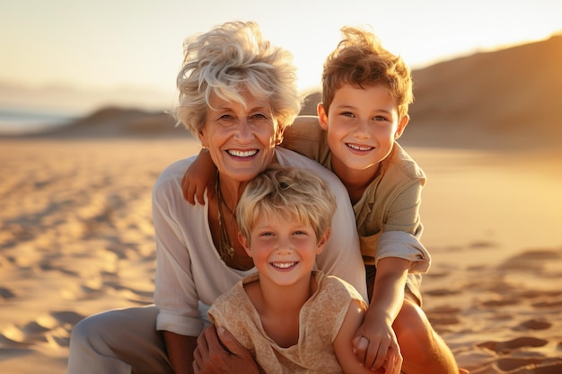 AI gegenereerde afbeelding van grootmoeder met kleinkinderen op het strand Foto van hoge kwaliteit