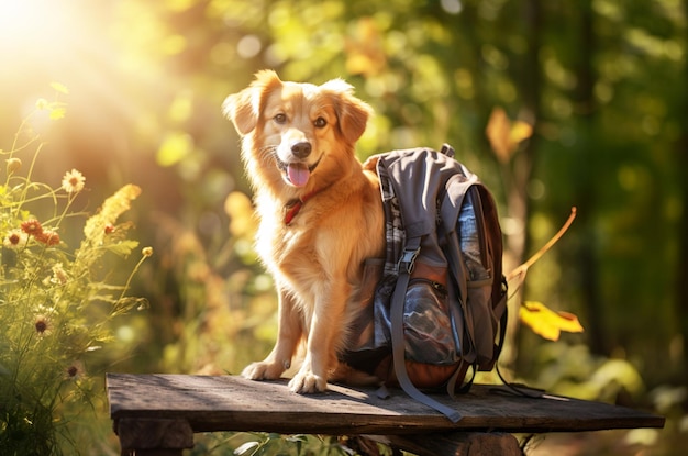 AI gegenereerde afbeelding van hond met rugzak Foto van hoge kwaliteit