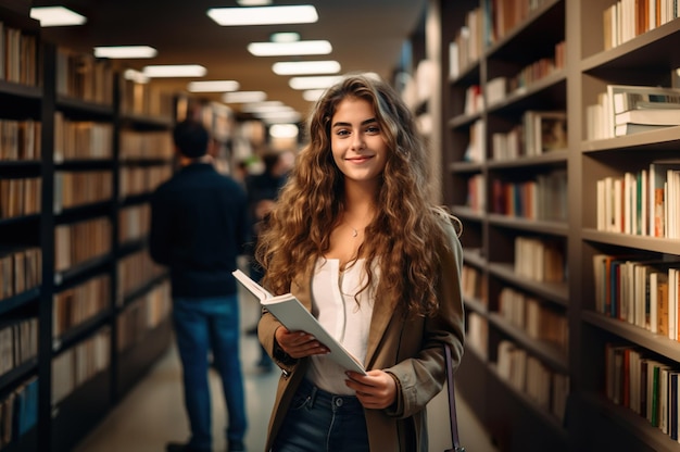 AI gegenereerde afbeelding van jonge vrouw die in bibliotheek staat Foto van hoge kwaliteit