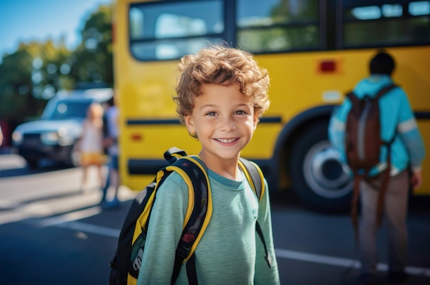 AI gegenereerde afbeelding van kleine jongen met schoolbus Foto van hoge kwaliteit