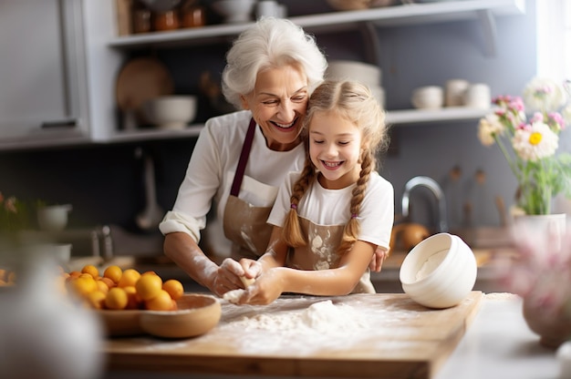 AI gegenereerde afbeelding van oma met kleindochter aan het bakken Foto van hoge kwaliteit