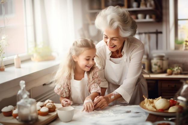 AI gegenereerde afbeelding van oma met kleindochter aan het bakken Foto van hoge kwaliteit