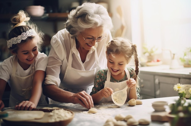 AI gegenereerde afbeelding van oma met kleindochter aan het bakken Foto van hoge kwaliteit