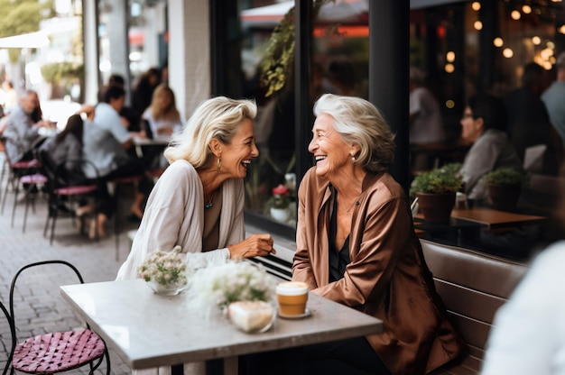 AI gegenereerde afbeelding van senior moeder en dochter op koffie Foto van hoge kwaliteit