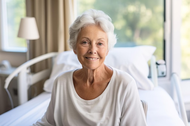 Ai gegenereerde afbeelding van senior vrouw op ziekenhuisbed Foto van hoge kwaliteit