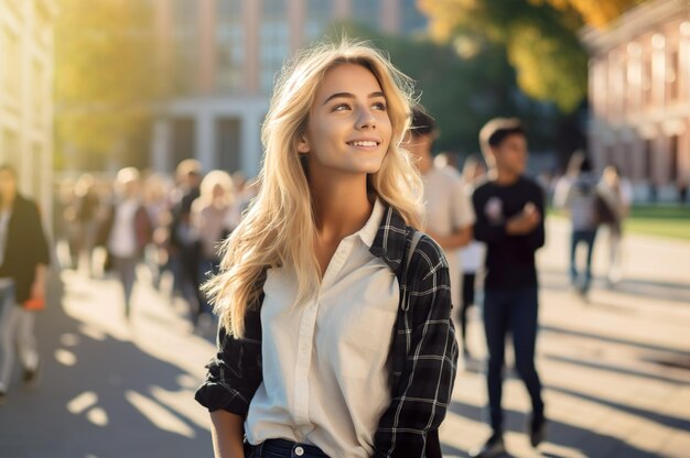 AI gegenereerde afbeelding van studentenmeisje op schoolcampus Foto van hoge kwaliteit