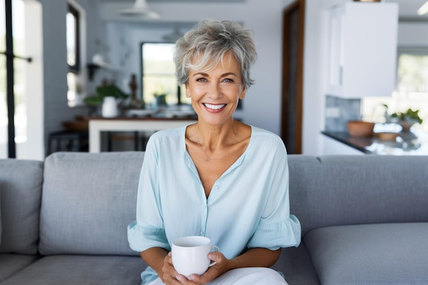 AI gegenereerde afbeelding van volwassen senior vrouw met koffie in huis Foto van hoge kwaliteit