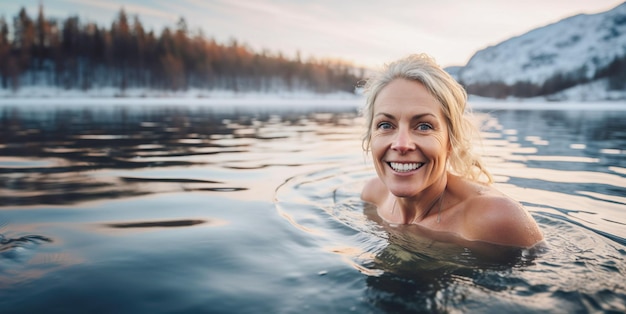 AI-gegenereerde afbeelding van volwassen vrouw die op ijskoud meer zwemt Foto van hoge kwaliteit