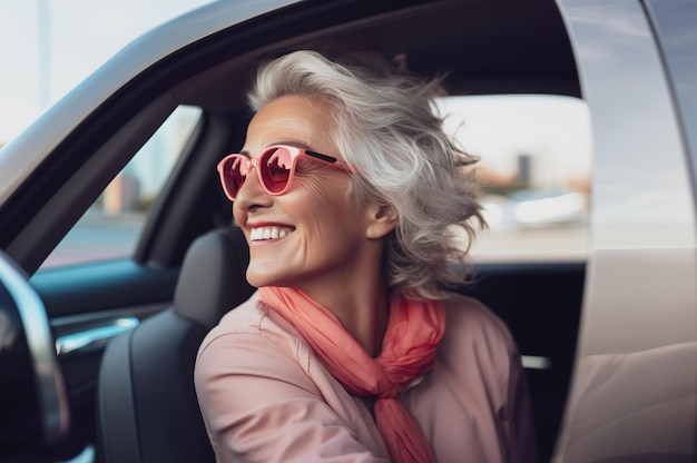 AI gegenereerde afbeelding van volwassen vrouw in de auto Foto van hoge kwaliteit