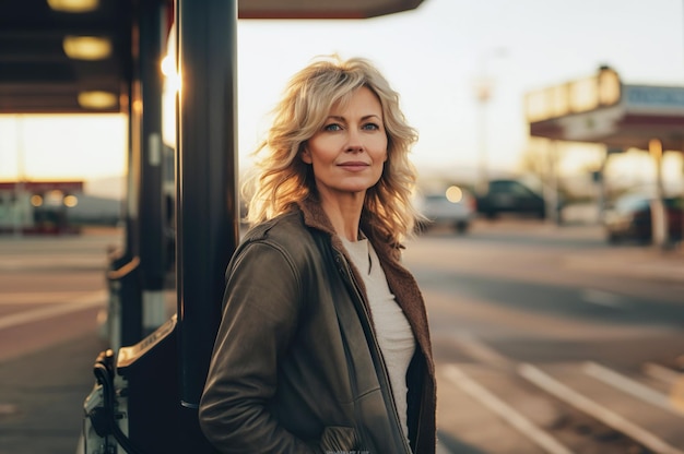 AI gegenereerde afbeelding van volwassen vrouw op benzinestation Foto van hoge kwaliteit