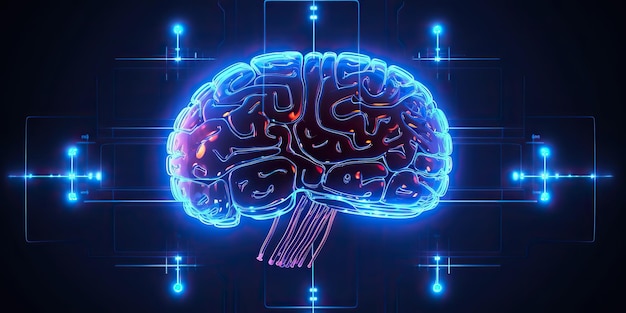 AI Gegenereerde AI Generatieve AI kunstmatige intelligentie brain synthwave cyberpunk stijl Innovatie