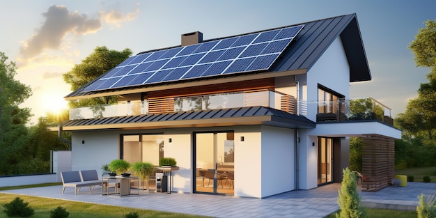 AI gegenereerde AI generatieve alternatieve energie elektriciteit dak huis zonnepaneel moderne architectuur gebouw grafische kunst illustratie