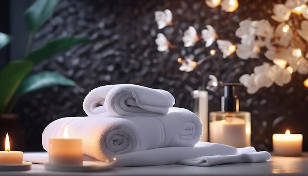 AI Gegenereerde AI Generatieve Aroma spa ontspannende schoonheidsconcept met witte schone handdoeken en cosmetische wa