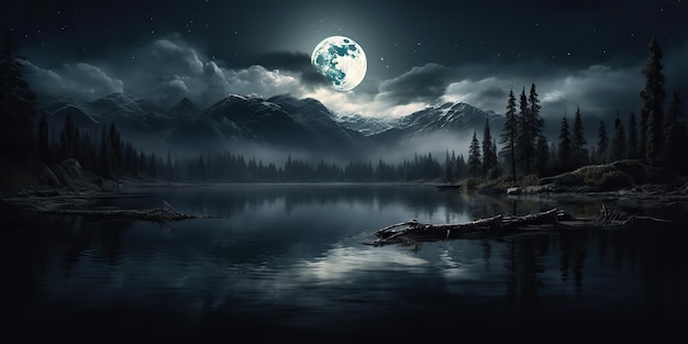 Foto ai gegenereerde ai generatieve avond nacht natuur buiten landschap achtergrond volle maan en bergen grafische kunst illustratie