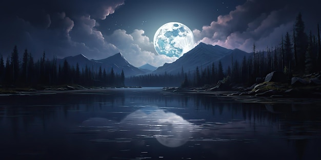 AI gegenereerde AI generatieve avond nacht natuur buiten landschap achtergrond volle maan en bergen grafische kunst illustratie
