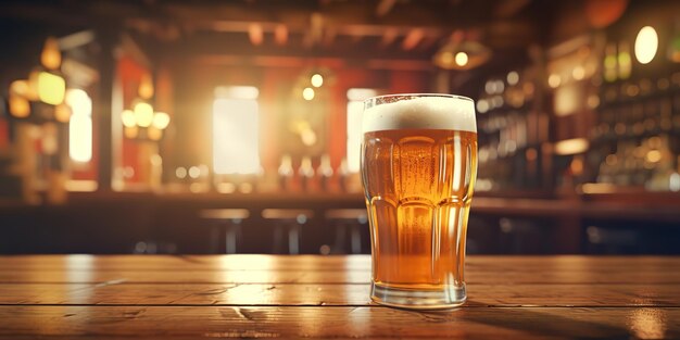 AI gegenereerde AI generatieve bierglasmok met licht bier op de achtergrond van de pubbar