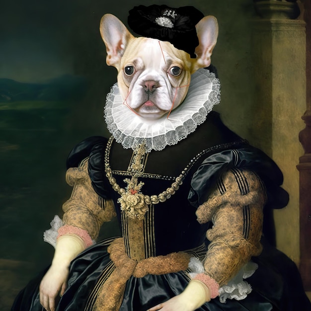 AI Gegenereerde AI Generatieve buldog frenchie hond in geschiedenis renaissance doek kostuum grafische kunst