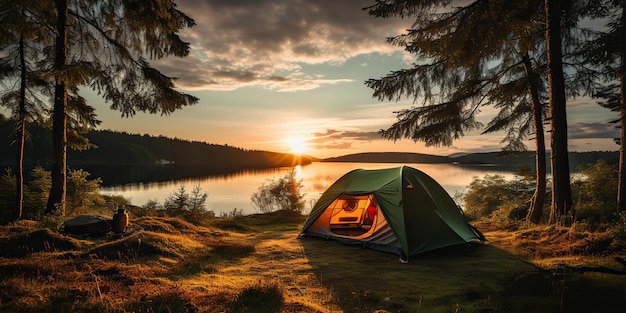 AI Gegenereerde AI Generatieve Camping-ontspanningstijdtent aan het prachtige landschap van het meer