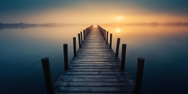 Foto ai gegenereerde ai generatieve dock houten pier bij zonsondergang romantische ontspannen sfeer achtergrond