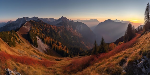 AI Gegenereerde AI Generatieve Fotorealistische illustratie van alpenlandschap achtergrond bergen wandelen rotsen Avontuurlijk wandelen reizen verkennen sfeer Grafische kunst