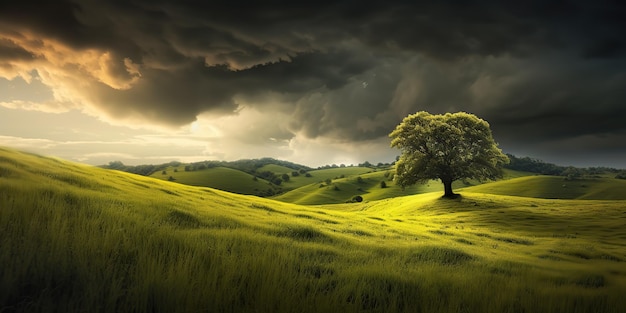 AI Gegenereerde AI Generatieve fotorealistische illustratie van groen veld gras heuvels landschap Grafische kunst