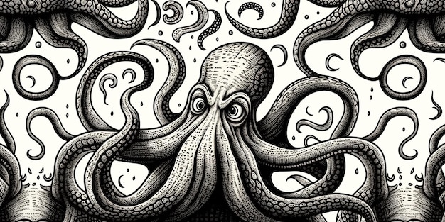 AI gegenereerde AI generatieve gravure retro vintage stijl octopus houtsnede linocut illustratie