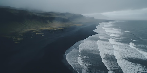 AI Gegenereerde AI Generatieve IJsland luchtfoto lucht drone weergave Kosten strand oceaan golflijn Zwart zand