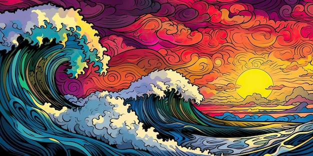 AI gegenereerde AI generatieve illustratie van Hawaï golven zonsondergang hemel tropische sfeer grafische kunst