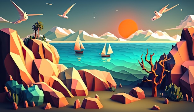 AI Gegenereerde AI Generatieve Low Poly cartoon kid stijl strand zand zee kust eiland