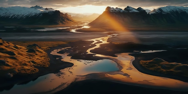 AI Gegenereerde AI Generatieve Macro-opname vanuit de lucht met een drone van het IJslandse landschap Cinematisch avontuur verken sfeer Grafische kunst