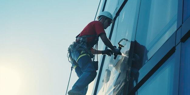 AI gegenereerde AI Generatieve man alpinist wassen schoonmaak professionele werknemer bij hoog gebouw