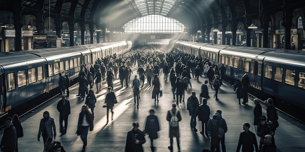 AI Gegenereerde AI Generatieve Menigte van mensen op het station tijdens de spits Verplaats beweging Grafische kunst