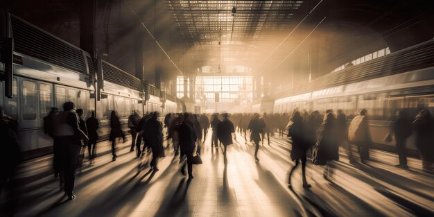 AI Gegenereerde AI Generatieve Menigte van mensen op het station tijdens de spits Verplaats beweging Grafische kunst