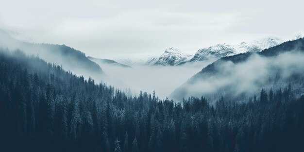 AI gegenereerde AI Generatieve mist magische besneeuwde bergketen met bosmist in de ochtend