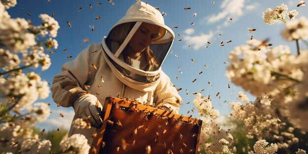 AI Gegenereerde AI Generatieve Natuur buiten bierbewaarder man persoon honingkam bloemen verzamelen
