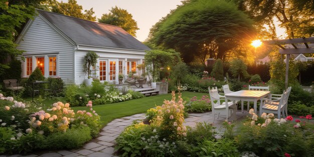 AI Gegenereerde AI Generatieve Natuur buitenhuis tuin met gezellige tafel met veel planten