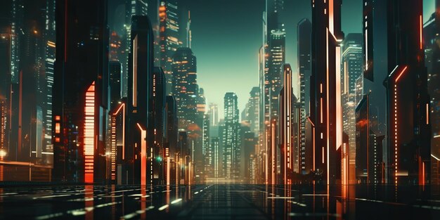 AI gegenereerde AI Generatieve Neone gloeiende roze paarse stad stedelijke toekomstige achtergrondlandschap