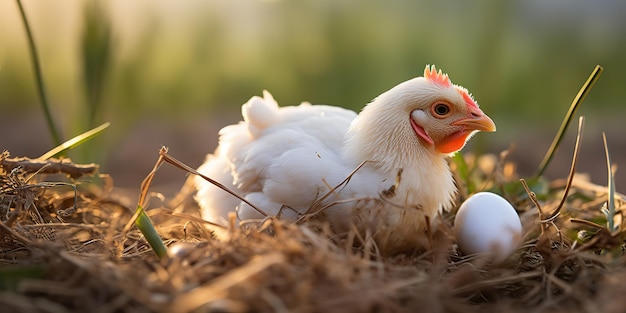 AI gegenereerde AI generatieve organische eco kip, haan en ei op plattelandsboerderij