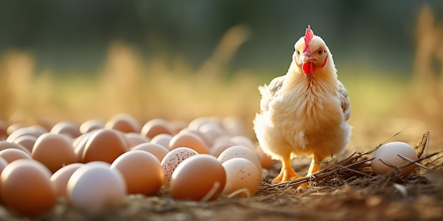 AI gegenereerde AI generatieve organische eco kip, haan en ei op plattelandsboerderij