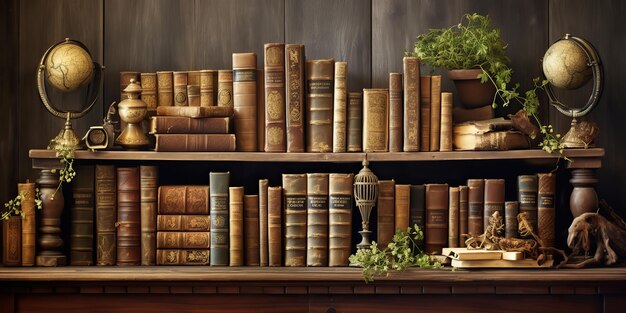 AI Gegenereerde AI Generatieve Oude boeken vintage winkel bibliotheek boekenplank Onderwijs universiteit