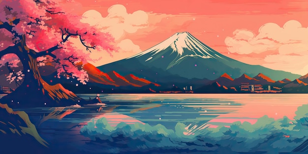 AI Gegenereerde AI Generatieve Retro Vintage diepdrukillustratie van Japan Fuji Mountain Adventure vibe