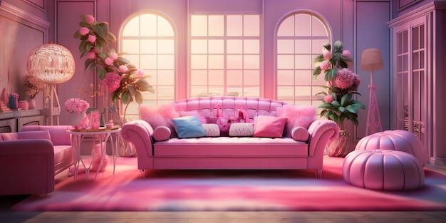 AI gegenereerde AI generatieve roze barbie stijl woonkamer vrouw vrouw elegante kleur klassiek